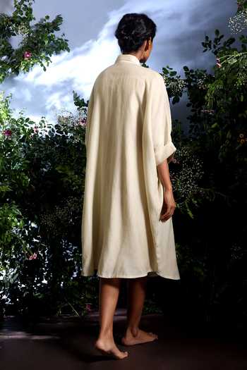 Shop_Taisha_Cream Chanderi Embroidery, Applique Collared, Padmori Placed Shirt Dress _at_Aza_Fashions