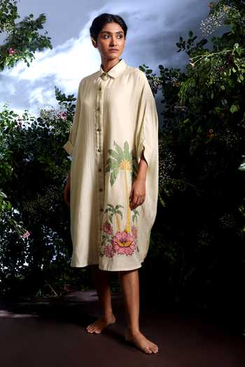 Buy_Taisha_Cream Chanderi Embroidery, Applique Collared, Padmori Placed Shirt Dress _Online_at_Aza_Fashions