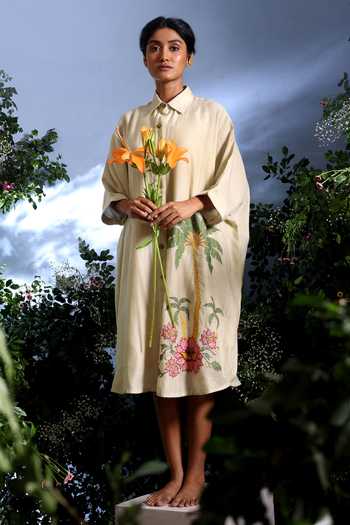 Taisha_Cream Chanderi Embroidery, Applique Collared, Padmori Placed Shirt Dress _at_Aza_Fashions
