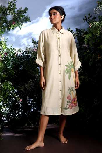 Shop_Taisha_Cream Chanderi Embroidery, Applique Collared, Padmori Placed Shirt Dress 