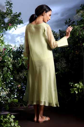 Shop_Taisha_Green Silk Organza Embroidery Boat Neck Sumae Pure Dress _at_Aza_Fashions