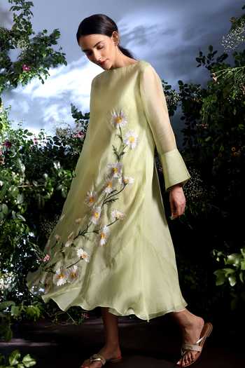 Taisha_Green Silk Organza Embroidery Boat Neck Sumae Pure Dress _Online_at_Aza_Fashions