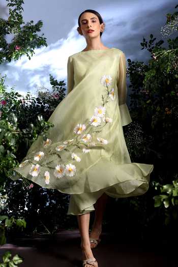 Buy_Taisha_Green Silk Organza Embroidery Boat Neck Sumae Pure Dress _Online_at_Aza_Fashions