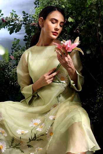 Shop_Taisha_Green Silk Organza Embroidery Boat Neck Sumae Pure Dress _Online_at_Aza_Fashions