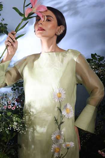 Taisha_Green Silk Organza Embroidery Boat Neck Sumae Pure Dress _at_Aza_Fashions