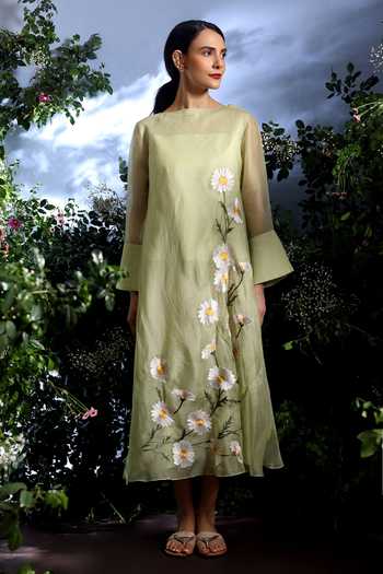 Buy_Taisha_Green Silk Organza Embroidery Boat Neck Sumae Pure Dress 