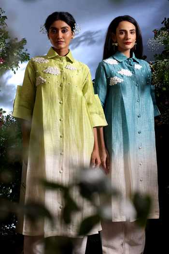 Taisha_Green Linen Embroidery Collared Dhaval Pure Kurta And Pant Set _Online_at_Aza_Fashions