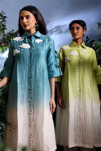 Buy_Taisha_Green Linen Embroidery Collared Dhaval Pure Kurta And Pant Set _Online_at_Aza_Fashions