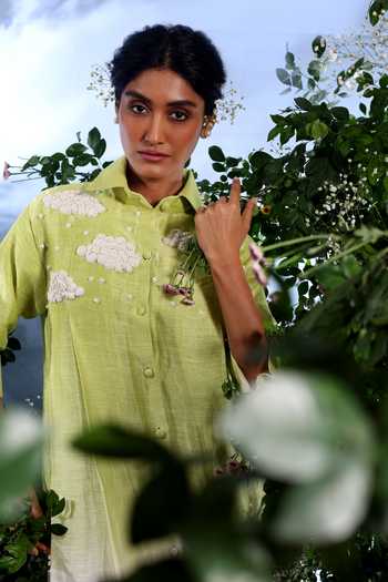 Shop_Taisha_Green Linen Embroidery Collared Dhaval Pure Kurta And Pant Set _Online_at_Aza_Fashions