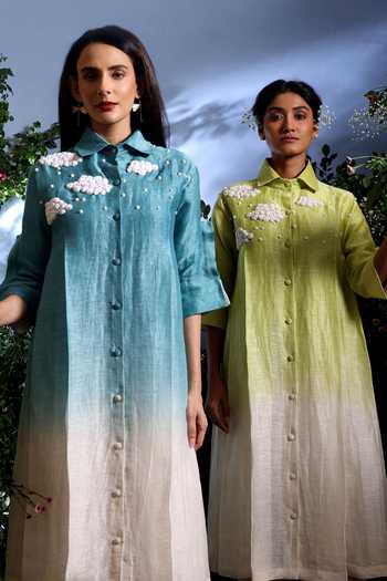 Taisha_Green Linen Embroidery Collared Dhaval Pure Kurta And Pant Set _at_Aza_Fashions