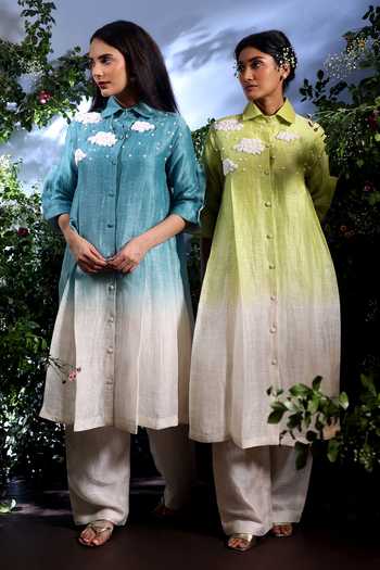 Shop_Taisha_Green Linen Embroidery Collared Dhaval Pure Kurta And Pant Set _at_Aza_Fashions