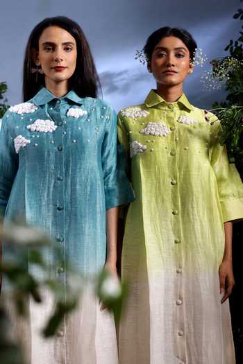 Buy_Taisha_Green Linen Embroidery Collared Dhaval Pure Kurta And Pant Set 