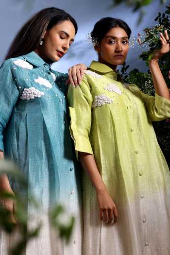 Shop_Taisha_Green Linen Embroidery Collared Dhaval Pure Kurta And Pant Set 