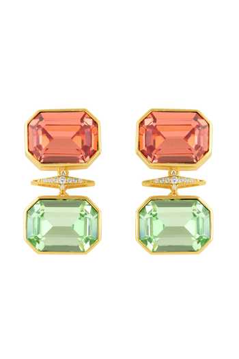 Shop_Isharya_Green Stones, Crystals Serapha Mismatched Drop Earrings _at_Aza_Fashions