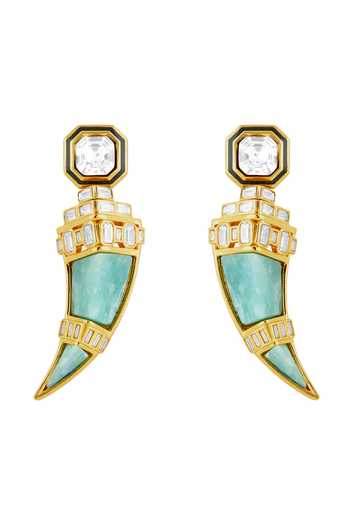 Shop_Isharya_Green Stones, Crystals Daggera Statement Dangler Earrings _at_Aza_Fashions