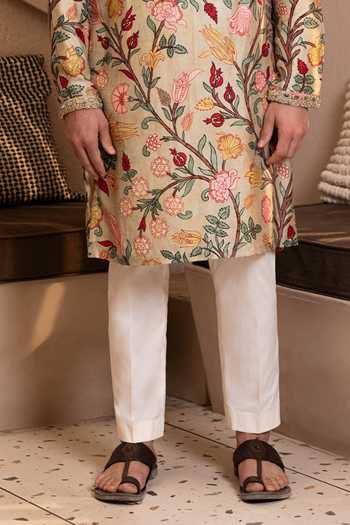 Kaaj Button_Beige Silk, Cotton, Dupion, Lycra Mirrors Kalamkari Print Kurta And Pant Set _Online_at_Aza_Fashions