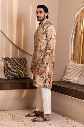 Buy_Kaaj Button_Beige Silk, Cotton, Dupion, Lycra Mirrors Kalamkari Print Kurta And Pant Set _Online_at_Aza_Fashions