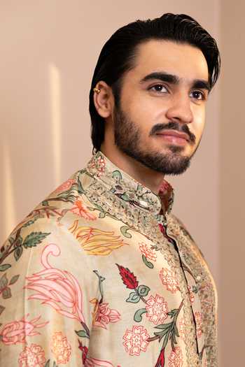 Shop_Kaaj Button_Beige Silk, Cotton, Dupion, Lycra Mirrors Kalamkari Print Kurta And Pant Set _Online_at_Aza_Fashions