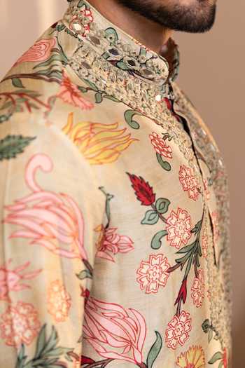 Buy_Kaaj Button_Beige Silk, Cotton, Dupion, Lycra Mirrors Kalamkari Print Kurta And Pant Set 
