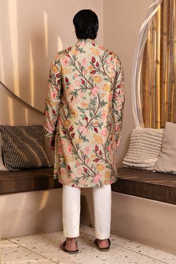 Shop_Kaaj Button_Beige Silk, Cotton, Dupion, Lycra Mirrors Kalamkari Print Kurta And Pant Set _at_Aza_Fashions