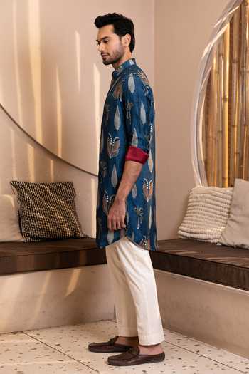 Kaaj Button_Blue Silk, Cotton, Lycra, Dupion Palm Tree Print Kurta Set _Online_at_Aza_Fashions