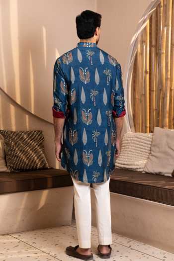 Shop_Kaaj Button_Blue Silk, Cotton, Lycra, Dupion Palm Tree Print Kurta Set _at_Aza_Fashions