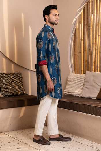 Buy_Kaaj Button_Blue Silk, Cotton, Lycra, Dupion Palm Tree Print Kurta Set _Online_at_Aza_Fashions