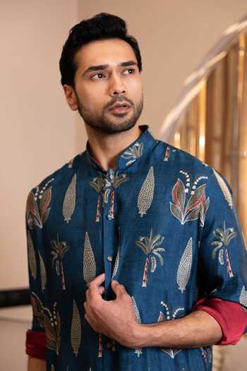 Shop_Kaaj Button_Blue Silk, Cotton, Lycra, Dupion Palm Tree Print Kurta Set _Online_at_Aza_Fashions