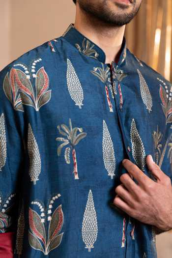 Kaaj Button_Blue Silk, Cotton, Lycra, Dupion Palm Tree Print Kurta Set _at_Aza_Fashions