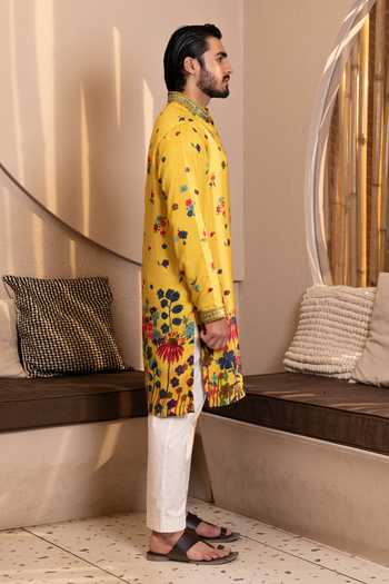 Shop_Kaaj Button_Yellow Silk, Cotton, Dupion, Lycra Embroidery Daaman Printed Kurta Set _Online_at_Aza_Fashions
