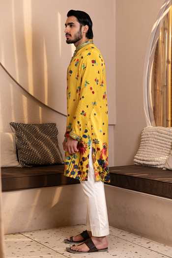 Kaaj Button_Yellow Silk, Cotton, Dupion, Lycra Embroidery Daaman Printed Kurta Set _at_Aza_Fashions