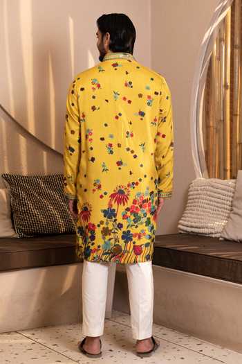 Shop_Kaaj Button_Yellow Silk, Cotton, Dupion, Lycra Embroidery Daaman Printed Kurta Set _at_Aza_Fashions