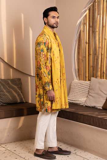 Kaaj Button_Yellow Silk, Cotton, Lycra, Dupion Tree Of Life Print Kurta Set _Online_at_Aza_Fashions
