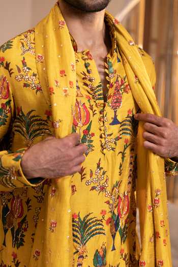 Buy_Kaaj Button_Yellow Silk, Cotton, Lycra, Dupion Tree Of Life Print Kurta Set _Online_at_Aza_Fashions