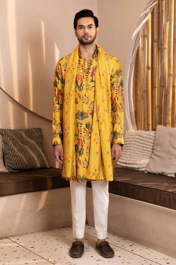 Buy_Kaaj Button_Yellow Silk, Cotton, Lycra, Dupion Tree Of Life Print Kurta Set _at_Aza_Fashions
