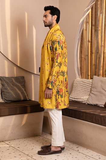 Shop_Kaaj Button_Yellow Silk, Cotton, Lycra, Dupion Tree Of Life Print Kurta Set _Online_at_Aza_Fashions