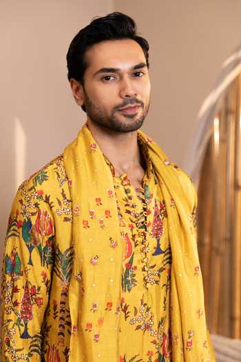 Kaaj Button_Yellow Silk, Cotton, Lycra, Dupion Tree Of Life Print Kurta Set _at_Aza_Fashions