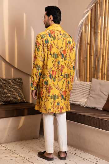 Shop_Kaaj Button_Yellow Silk, Cotton, Lycra, Dupion Tree Of Life Print Kurta Set _at_Aza_Fashions