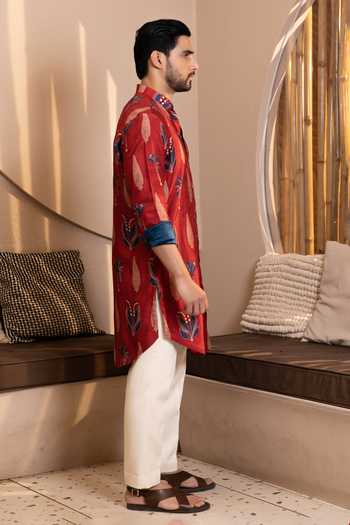 Kaaj Button_Red Silk, Cotton, Dupion, Lycra Palm Tree Print Kurta Set _Online_at_Aza_Fashions
