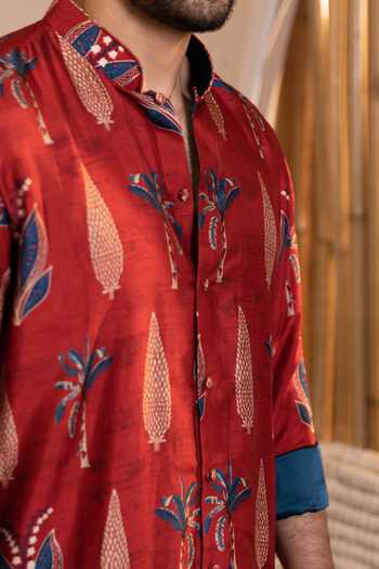 Buy_Kaaj Button_Red Silk, Cotton, Dupion, Lycra Palm Tree Print Kurta Set _Online_at_Aza_Fashions