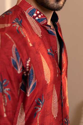 Kaaj Button_Red Silk, Cotton, Dupion, Lycra Palm Tree Print Kurta Set _at_Aza_Fashions