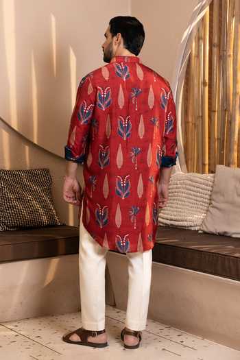 Shop_Kaaj Button_Red Silk, Cotton, Dupion, Lycra Palm Tree Print Kurta Set _at_Aza_Fashions