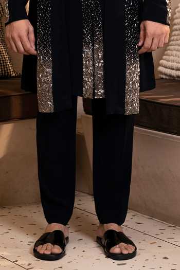 Kaaj Button_Blue Zari Glitterfall Embroidered Kurta Set _Online_at_Aza_Fashions