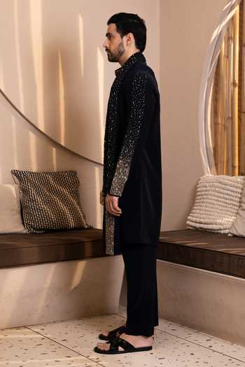 Shop_Kaaj Button_Blue Zari Glitterfall Embroidered Kurta Set _Online_at_Aza_Fashions