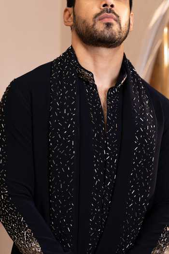 Kaaj Button_Blue Zari Glitterfall Embroidered Kurta Set _at_Aza_Fashions