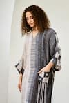 Basil Leaf_Grey Silk, Linen Tassels Printed Midi Dress _Online_at_Aza_Fashions
