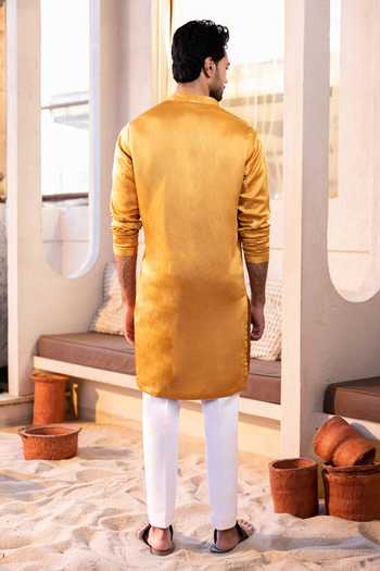 Shop_Kaaj Button_Yellow Cotton, Satin, Linen, Lycra Embroidery, Sequins Rainfall Kurta Set _at_Aza_Fashions