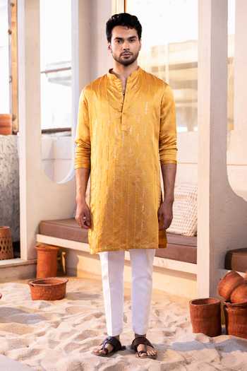 Buy_Kaaj Button_Yellow Cotton, Satin, Linen, Lycra Embroidery, Sequins Rainfall Kurta Set _at_Aza_Fashions