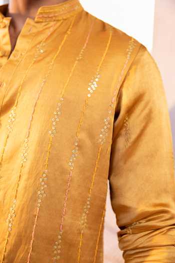 Kaaj Button_Yellow Cotton, Satin, Linen, Lycra Embroidery, Sequins Rainfall Kurta Set _Online_at_Aza_Fashions