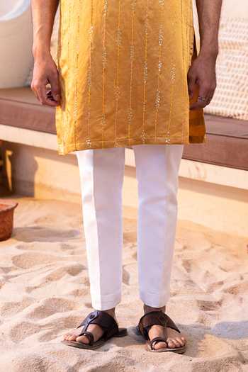 Buy_Kaaj Button_Yellow Cotton, Satin, Linen, Lycra Embroidery, Sequins Rainfall Kurta Set _Online_at_Aza_Fashions